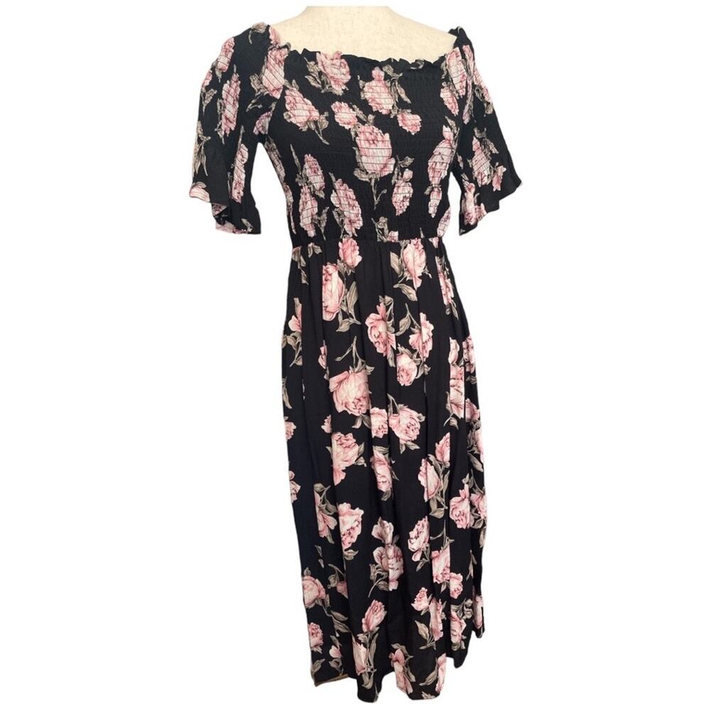 Topshop Black/Pink Floral Smock Top Midi Dress 4 - Picture 2 of 10